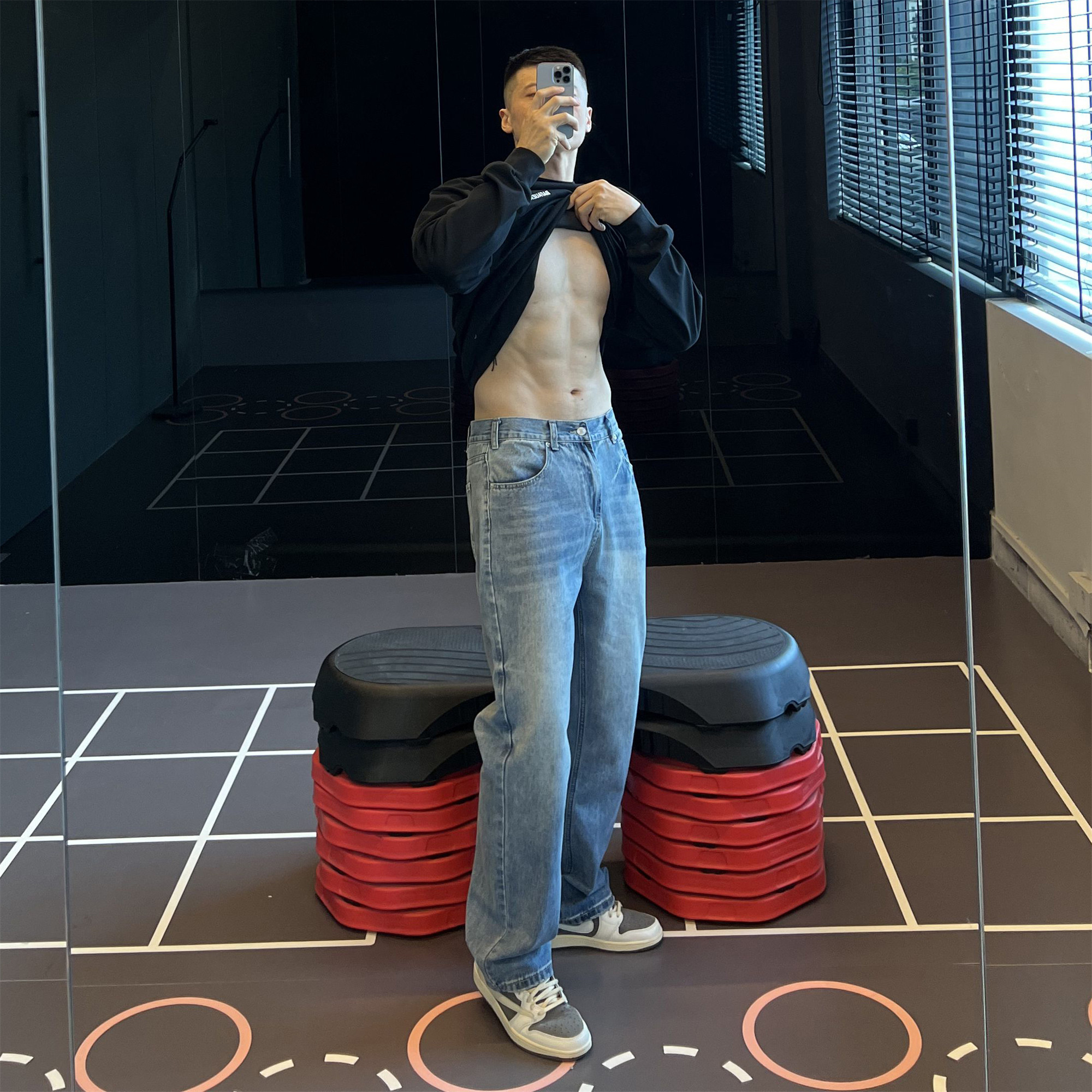IRONTRAP浅蓝直筒牛仔裤男士混纺棉运动训练健身松紧腰长裤秋冬季