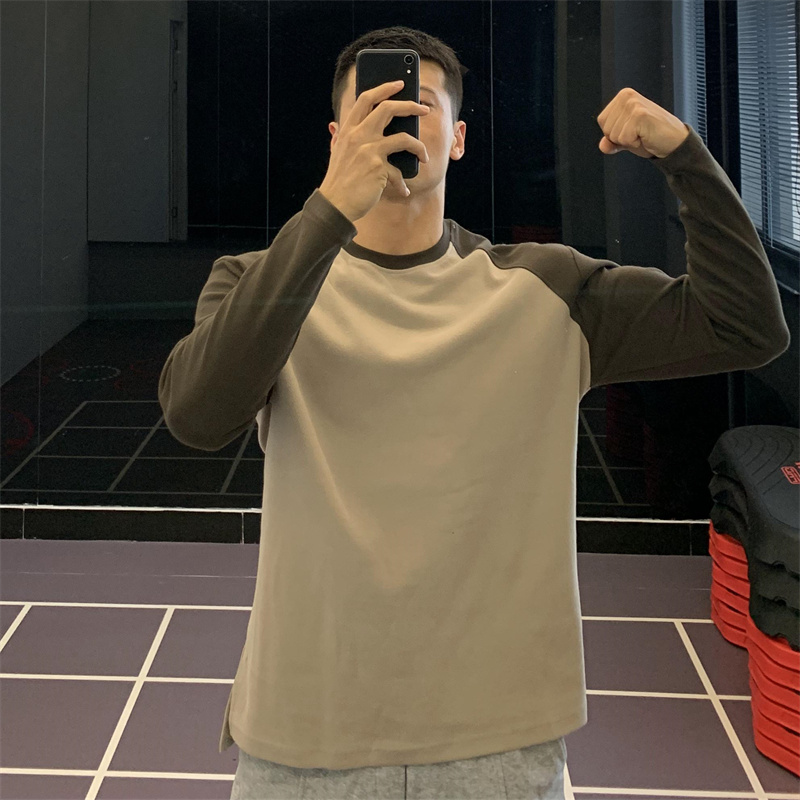 美式宽松长袖高街T恤男训练健身