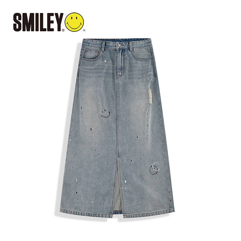 SMILEY笑脸高腰开叉牛仔半身裙