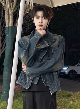 美式短款牛仔外套衣男款设计感高街痞帅vintage工装夹克小众复古