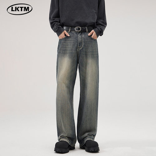 lktm男装#美式复古重工水洗竹节纹牛仔裤男高级感宽松直筒长