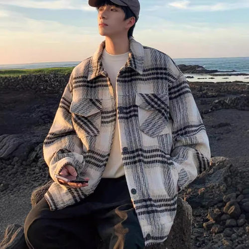 毛呢格子外套男春秋韩版小香风