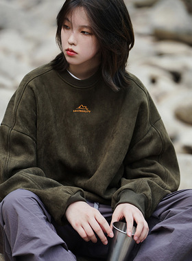 350g重磅麂皮绒卫衣男2025春季新款山系复古宽松潮牌情侣圆领外套