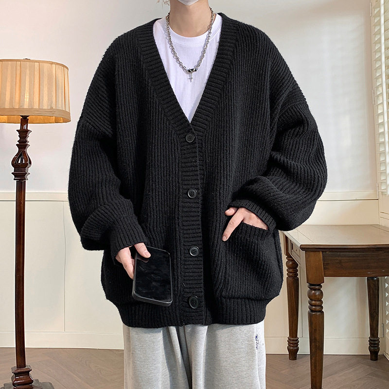 日系仿鹿绒粗针肌理设计开衫毛衣