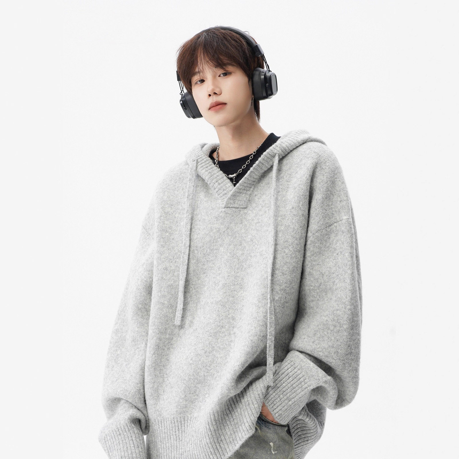 美式连帽针织衫外套男秋季潮牌