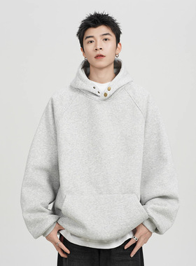 500G重磅纽扣连帽卫衣男春秋款潮牌宽松休闲纯色百搭美式帽衫简约