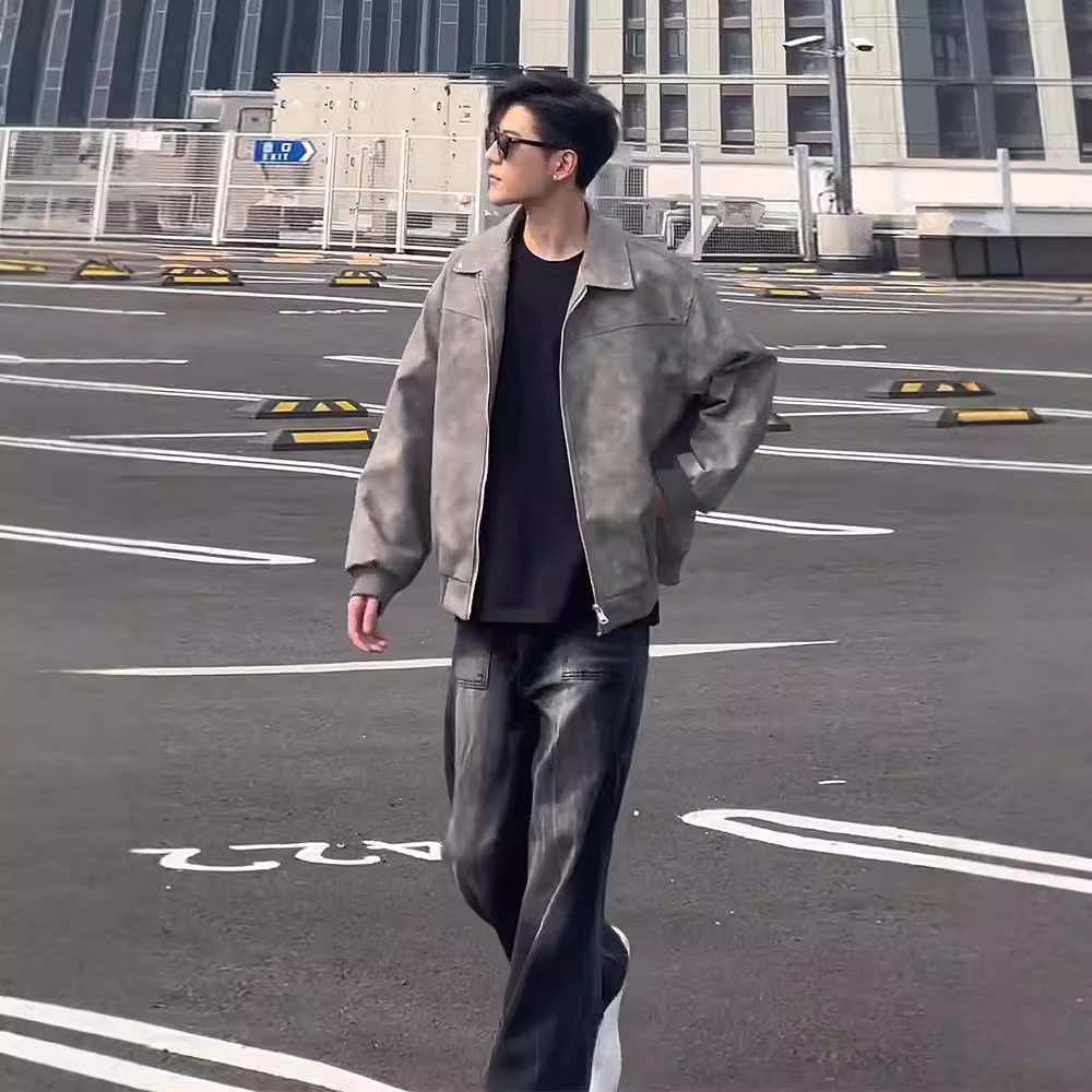 灰色短款皮衣外套机车皮夹克