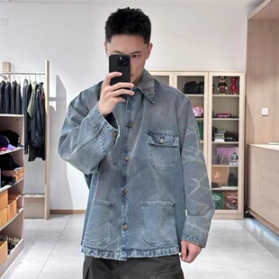 美式复古做旧水洗浅色夹克男女同款拼接宽松口袋工装休闲牛仔外套