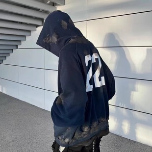 美式重磅刺绣泥染做旧战马连帽卫衣男女同款宽松休闲百搭拉链外套