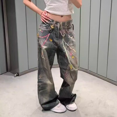 龚俊孙怡同款3D打印糖果链条复古做旧渐变男女同款弯刀阔腿牛仔裤