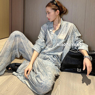 【年终清仓】SUNTEEZA蓝调豹纹印花衬衫裤子情侣套装新中式中国风