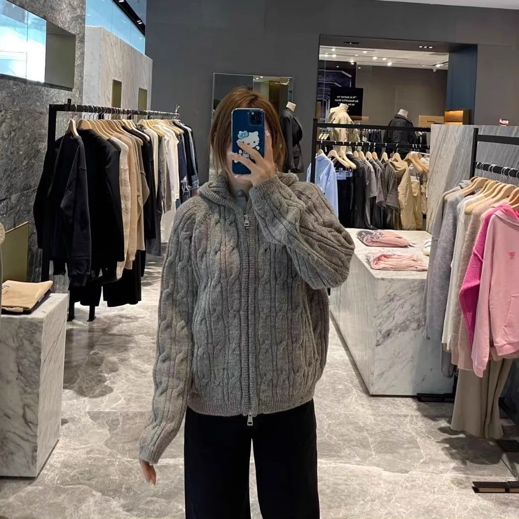 美式复古连帽针织开衫女麻花毛衣双拉链外套学院风男女同款上衣