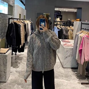 美式复古连帽针织开衫女麻花毛衣双拉链外套学院风男女同款上衣