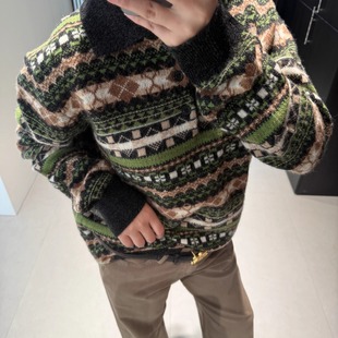李钟硕同款重磅复古提花圣诞绿翻领Polo纯羊毛男女同款套头毛衣