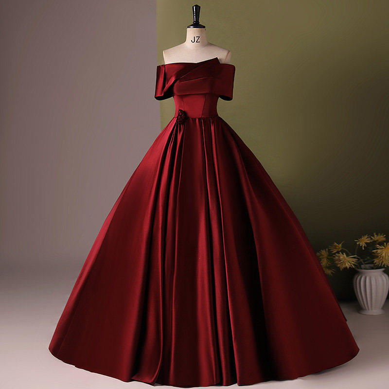 一字肩宴会晚礼服大气主持人艺考显瘦酒红色高级订婚敬酒服回门女