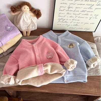 2025秋冬季新款儿童加厚上衣外套男女童对襟按扣卡通百搭长袖