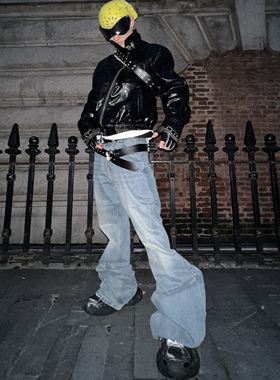 YIZILINGF 美式小众水洗冰蓝微喇牛仔裤男女Lamar同款显瘦长裤子