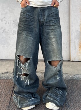 YIZILINGF美式脏染巴黎破洞牛仔裤男女糜烂泥染破坏Baggy牛仔长裤