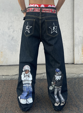 YIZILINGF 原创设计欧美街头直筒牛仔裤男女国潮小众动漫嘻哈长裤