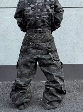 YIZILINGF 原创小众多腰带迷彩裤男女个性铆钉多口袋宽松牛仔长裤