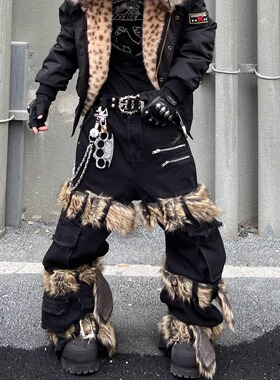 YIZILINGF 原创重工可拆卸绑带阔腿长裤男女小众黑色造型牛仔裤子