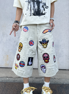 YIZILINGF 原创美式街头贴布刺绣七分裤男女国潮小众破坏伐木短裤