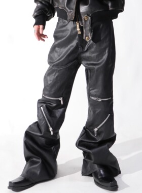 YIZILINGF 小众膝盖多拉链涂层微喇牛仔裤男女黑色刷蜡牛仔长裤子