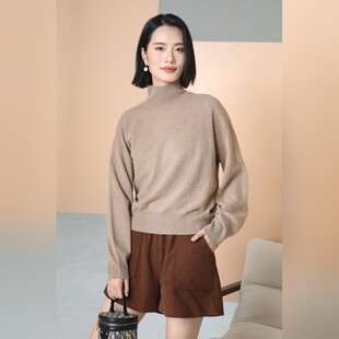 纯羊毛立体压印字母高领毛衣女秋冬 慵懒落肩宽松软糯套头打底衫