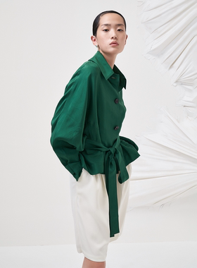 MAO MART原创｜新中式桑蚕丝连身袖宽松绿色系带短风衣