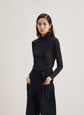 MAO MART原创｜时尚中高领高领长袖打底衫打底修身t恤网纱上衣女