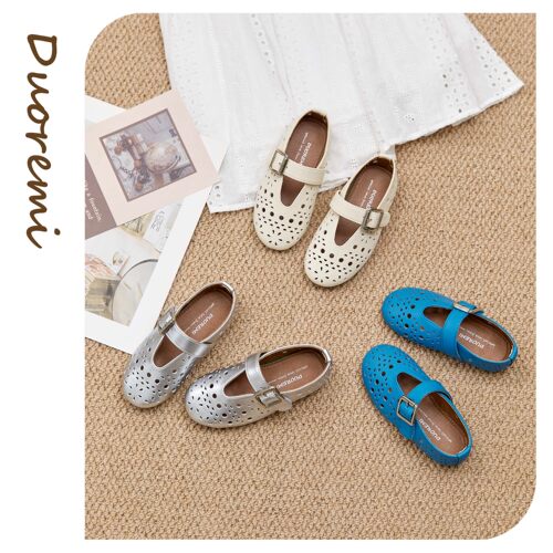 牛皮透气浅口低跟女童单鞋