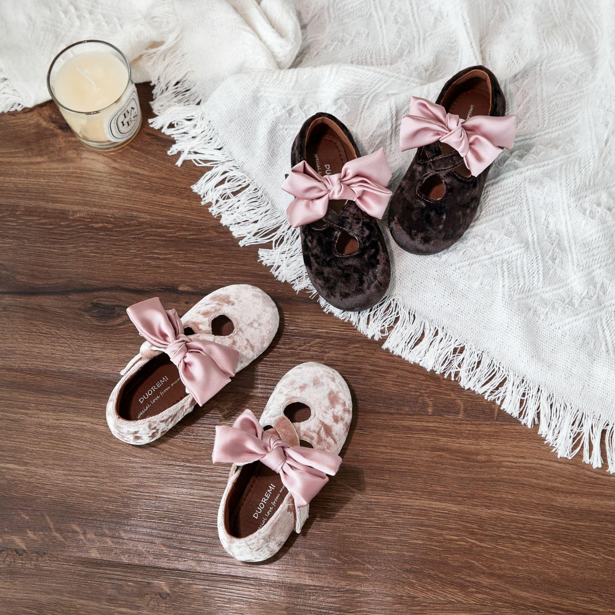 DuoReMi2024秋季新款BR2461交叉蝴蝶结绒面儿童软底平底童鞋