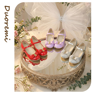 duoremi软底26ss06表演高跟鞋魔术贴女童儿童鞋牛皮新款公主