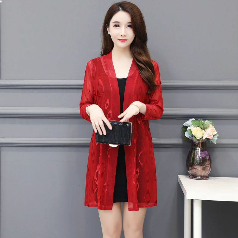 蕾丝网纱披肩外套开衫女夏季妈妈装中长款外搭薄款上衣披风防晒衣