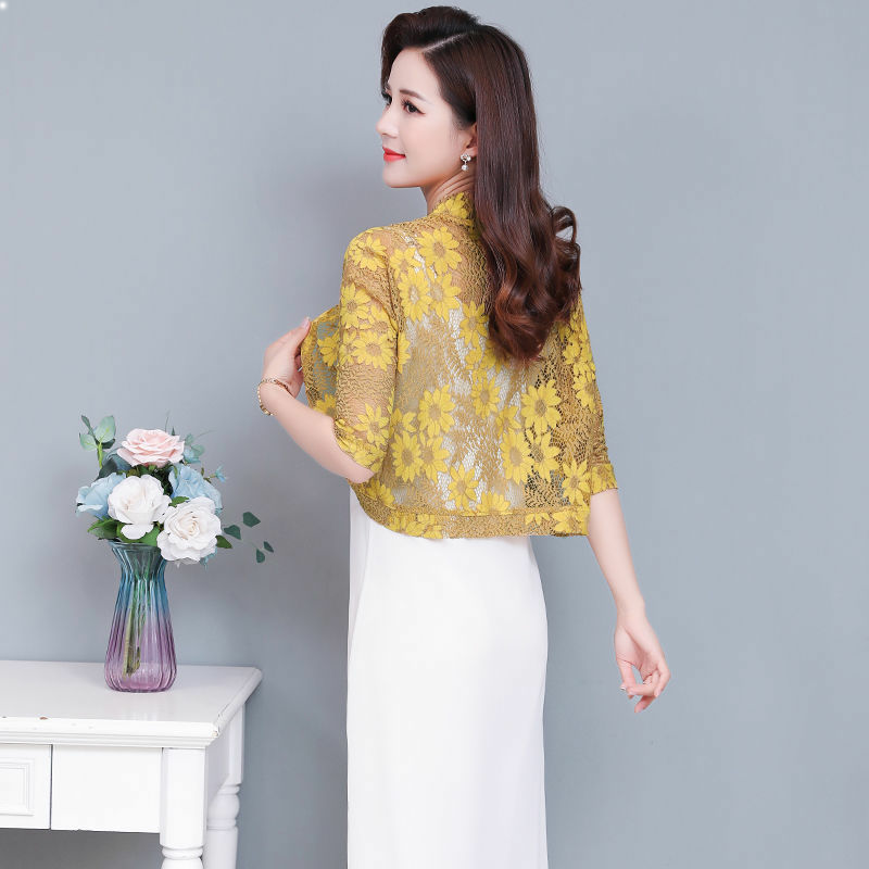 小披肩女夏2023新款大码薄开衫短款七分袖镂空蕾丝外搭裙子小外套