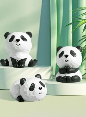 国风卡通可爱木刻熊猫摆件 车载桌面家居装饰品树脂小摆件工艺品