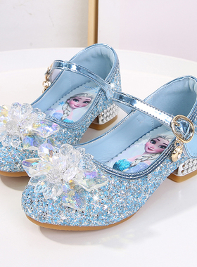 女童公主鞋艾莎春秋新款爱莎水晶鞋宝宝魔术贴鞋子蓝色儿童高跟鞋