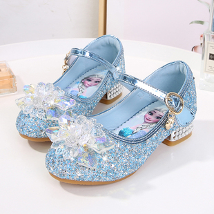2022新款 女宝宝魔术贴鞋 小女孩水晶鞋 爱莎公主鞋 子蓝色儿童高跟鞋