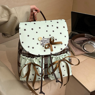 韩版 小清新星星格纹双肩包女2026蝴蝶结抽绳小背包少女高颜值书包