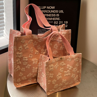 大容量帆布手提袋2025时尚绣花手拎包单肩托特包百搭便当包手机袋