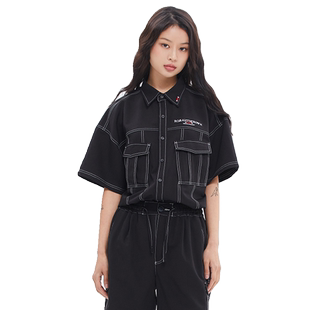 RomanticCrown韩版夏季新款针迹口袋简约个性短袖衬衫男女同款