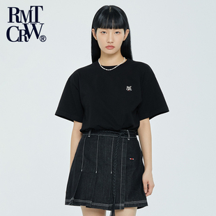 RomanticCrown 夏季 新款 后背花朵印花T恤落肩休闲圆领男女短袖
