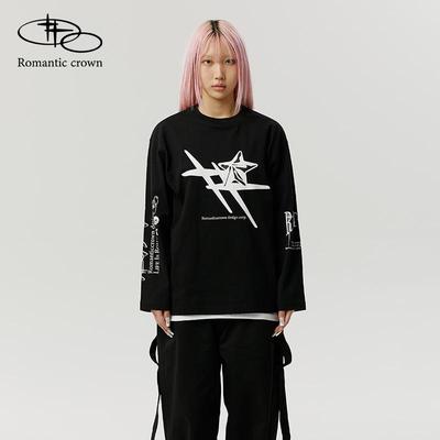 RomanticCrown春季新款落肩圆领长袖T恤韩版款式闪亮字体印花卫衣