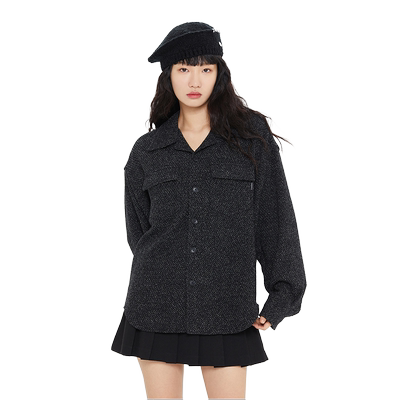 RomanticCrown春季新款粗花呢开领系扣纯色上身衬衫外套韩版休闲