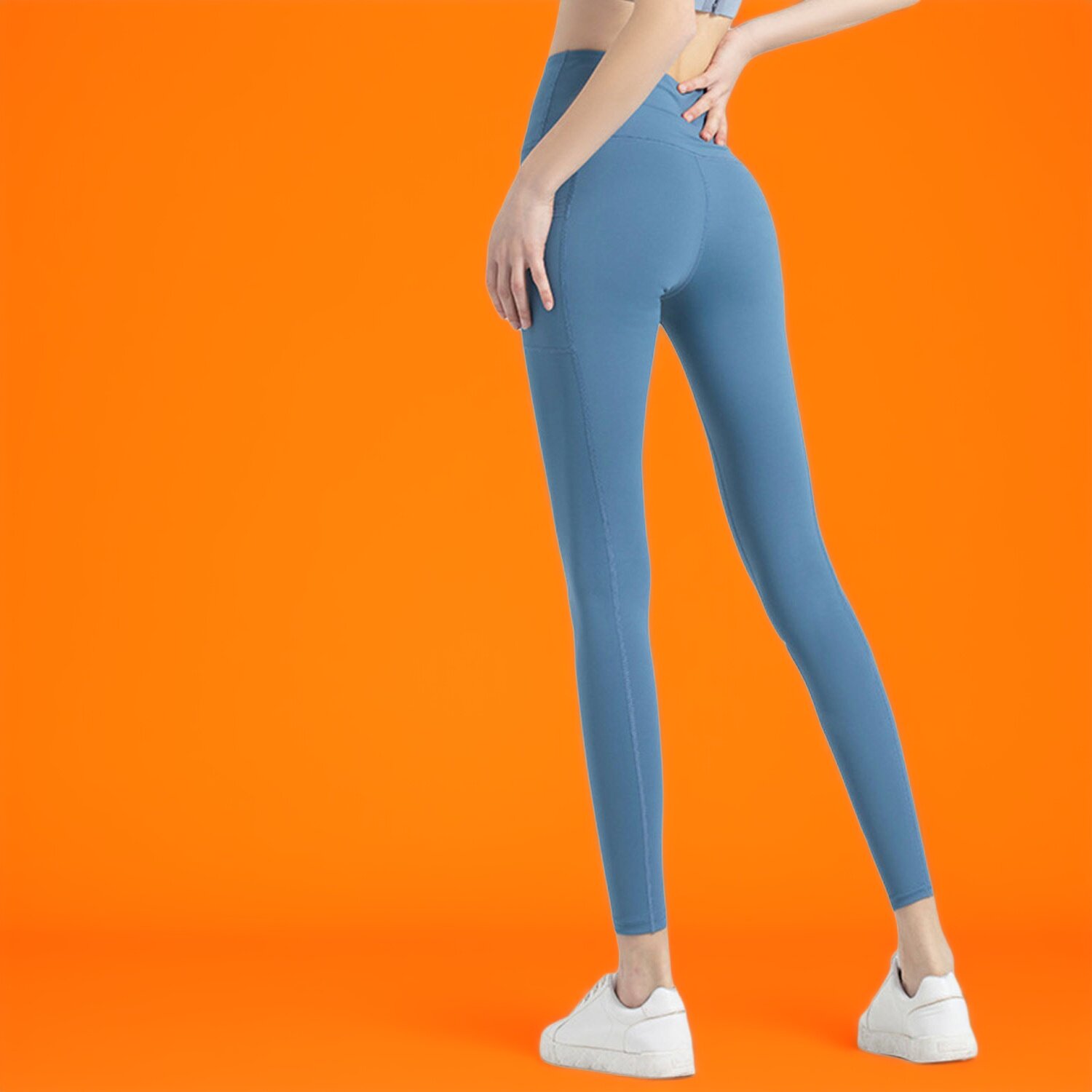 肥小棉品牌高腰口袋健身裤女双面锦纶弹力运动紧身裤蜜桃臀瑜伽裤