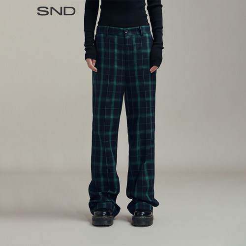 SND直筒微喇宽格纹休闲西裤女款