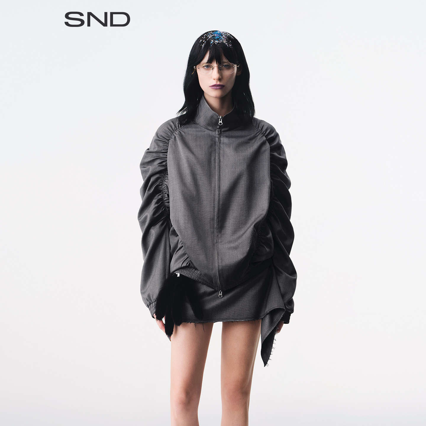 SS26条纹立体抽褶两穿立领外套图片