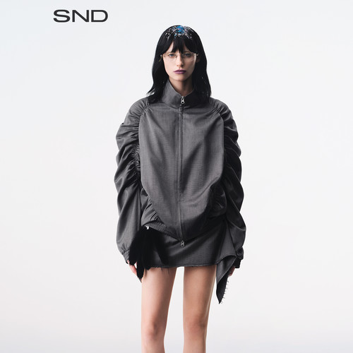 SS26条纹立体抽褶两穿立领外套