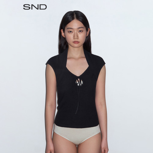 AW25镂空系带假两件飞袖T