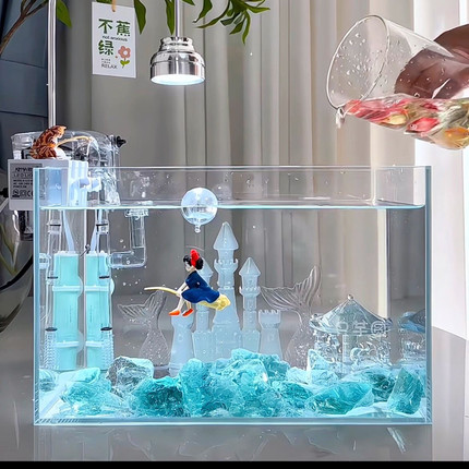 小红书同款/蓝水晶 蓝色海洋城堡旋转木马鱼缸造景微景观泰国斗鱼